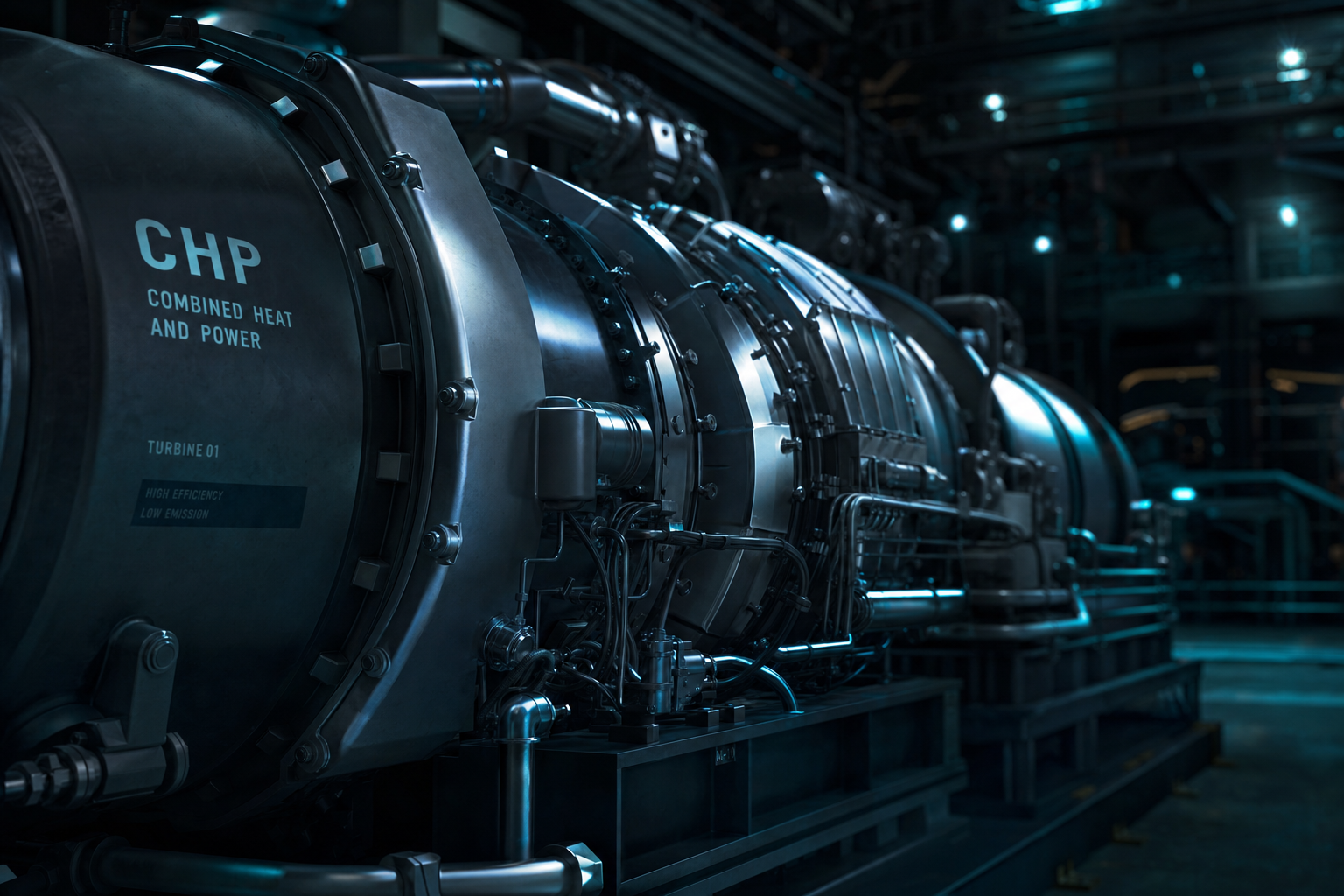 Close-up of Auric ExerGen combined heat and power equipment under cyan facility lighting
