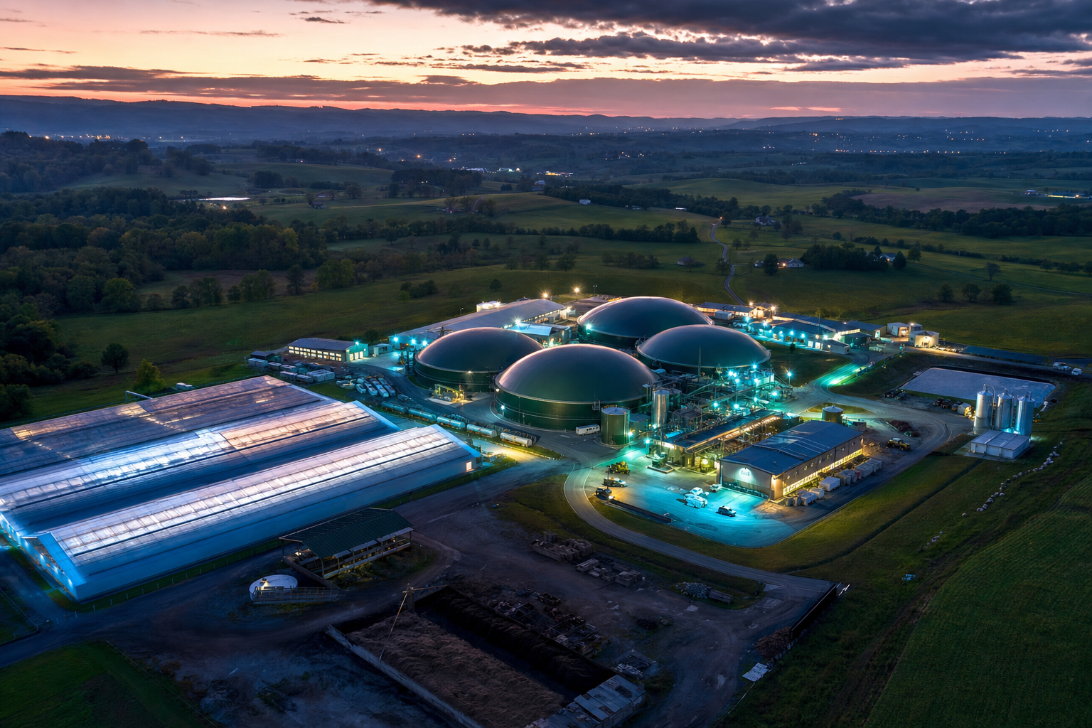 Aerial view at twilight of the Node Zero deployment site in Mason County, Kentucky